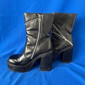Black Platform Ankle Boots with Chunky Heel and Silver Zippers